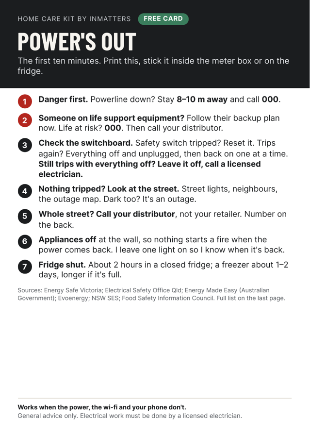 The Power's out card: seven steps, from danger first to keeping the fridge shut
